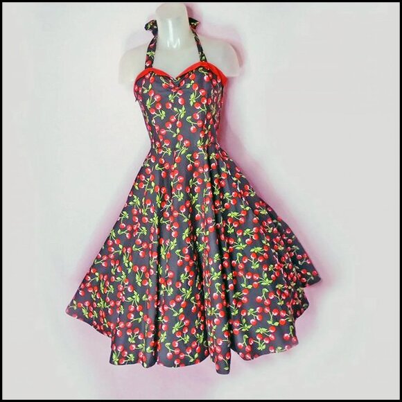 50s STYLE Sun Dress Black Cherry Print PinUp  Fit Flare Halter is 90s Vintage - Picture 2 of 12